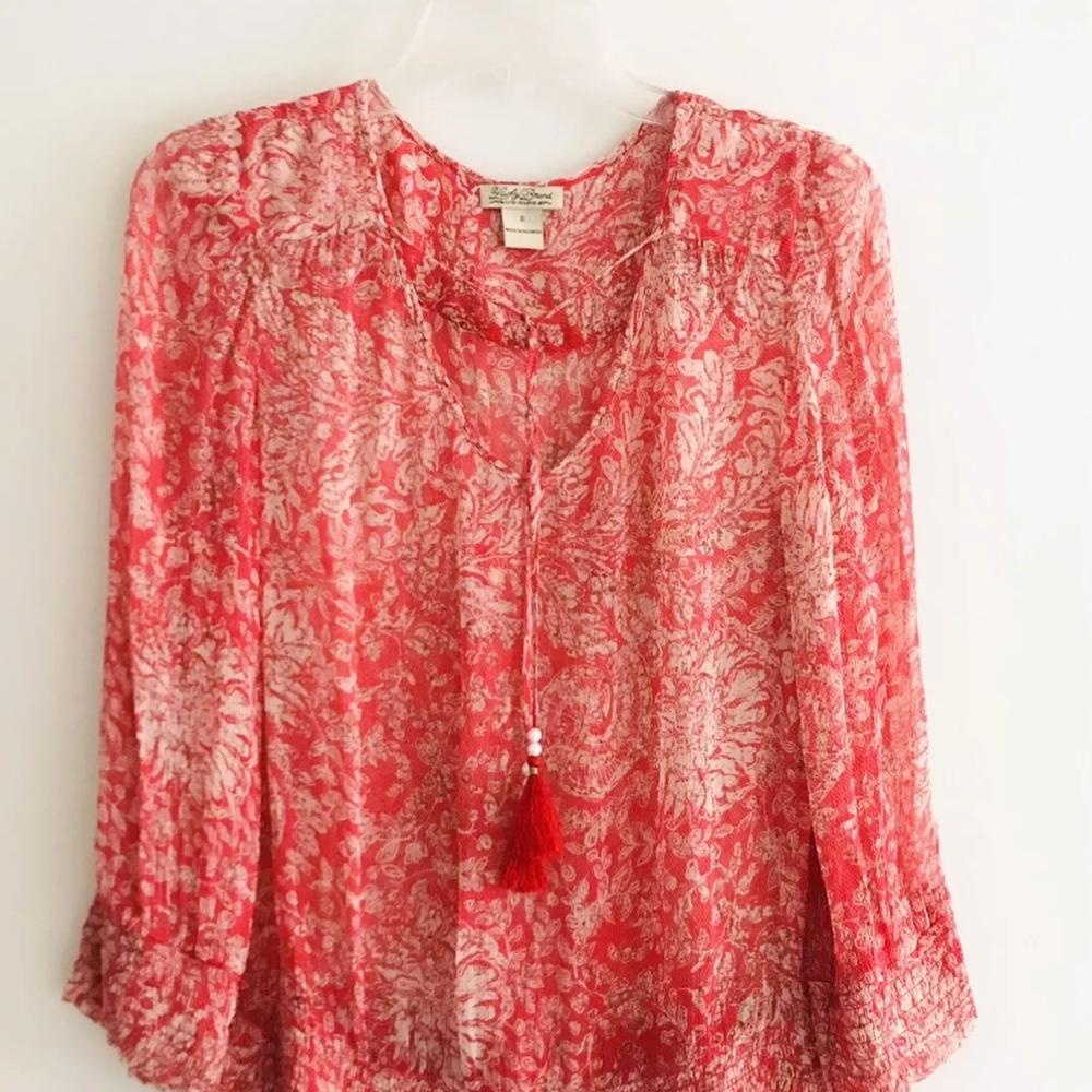 Lucky Brand Floral Print Blouse Womens Size S Red Tassel Neck Tie Pullover Boho